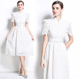 retro niche stand-up collar ruffle edge splicing waist hollow embroidery short-sleeved dress women's summer