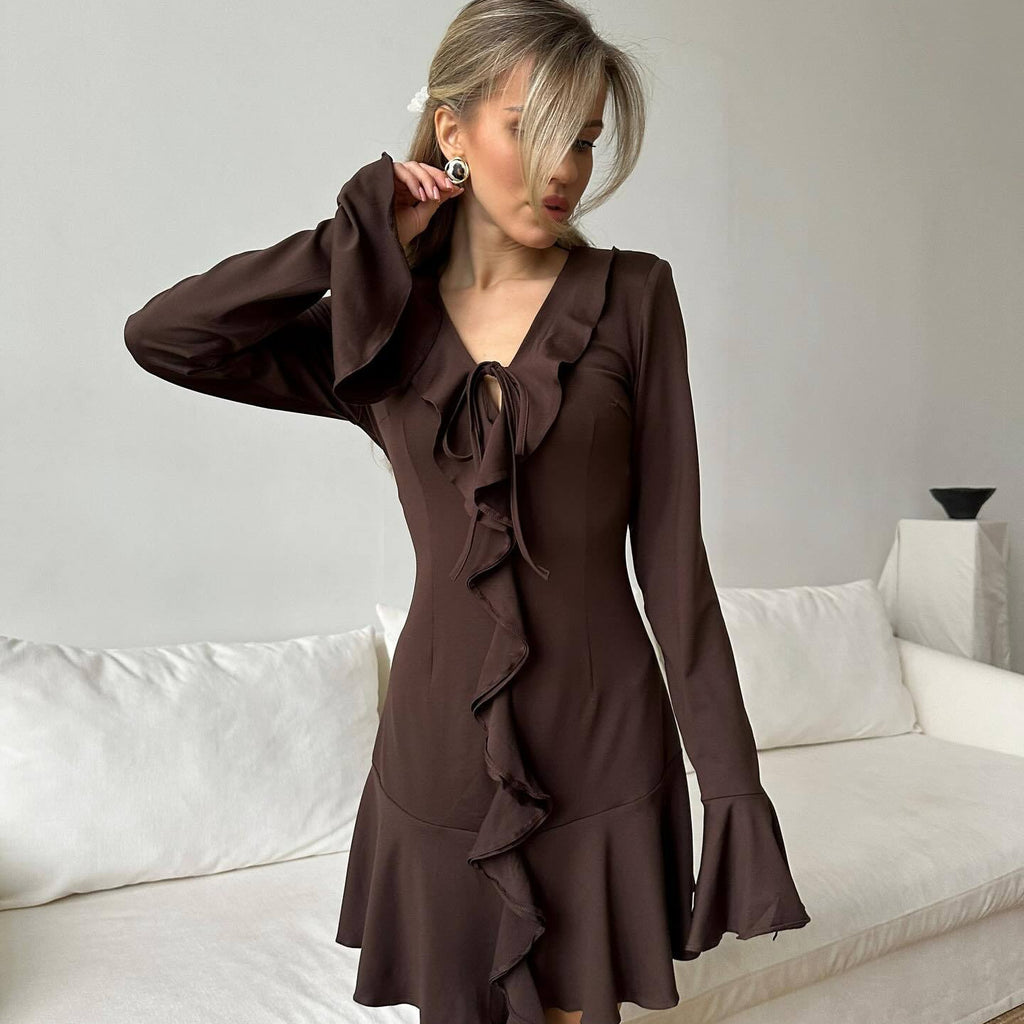 women's clothing  new summer  INS Spice Girls sexy slim ruffle edge long-sleeved strap dress