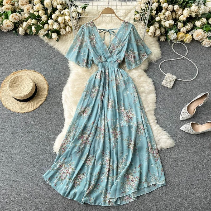 Seaside Holiday Dress Summer 2025 New Sexy V-neck Tight Waist Slimming Long Chiffon Floral Beach Dress