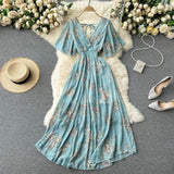 Seaside Holiday Dress Summer 2025 New Sexy V-neck Tight Waist Slimming Long Chiffon Floral Beach Dress
