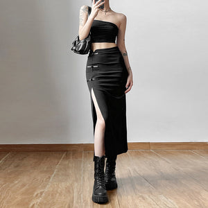 2025 style 2022 summer new women's clothing temperament commuter waist hip bag solid color slit disc button long skirt skirt
