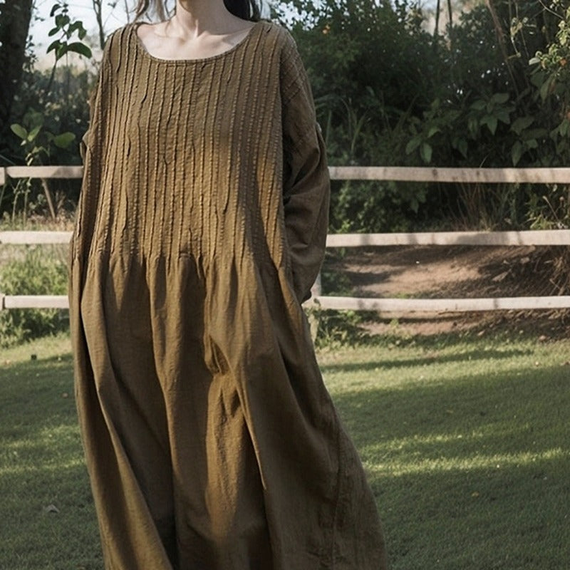 Shan Qian Nianyi, spring and autumn cotton and linen literary and retro washed old robes loose and comfortable organ pleated dress