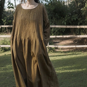 Shan Qian Nianyi, spring and autumn cotton and linen literary and retro washed old robes loose and comfortable organ pleated dress