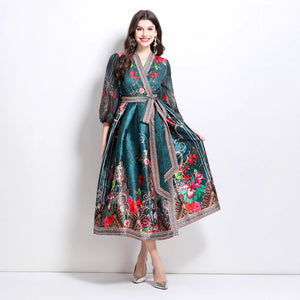 Popular trade export women's clothing  spring new V-neck ethnic style printed satin wrap long dress