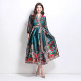 Popular trade export women's clothing  spring new V-neck ethnic style printed satin wrap long dress