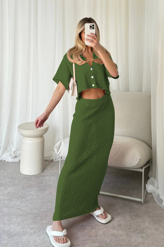 GOOSUDU 2025 Knitted crochet suit skirt multi-color cardigan button-up skirt versatile suit