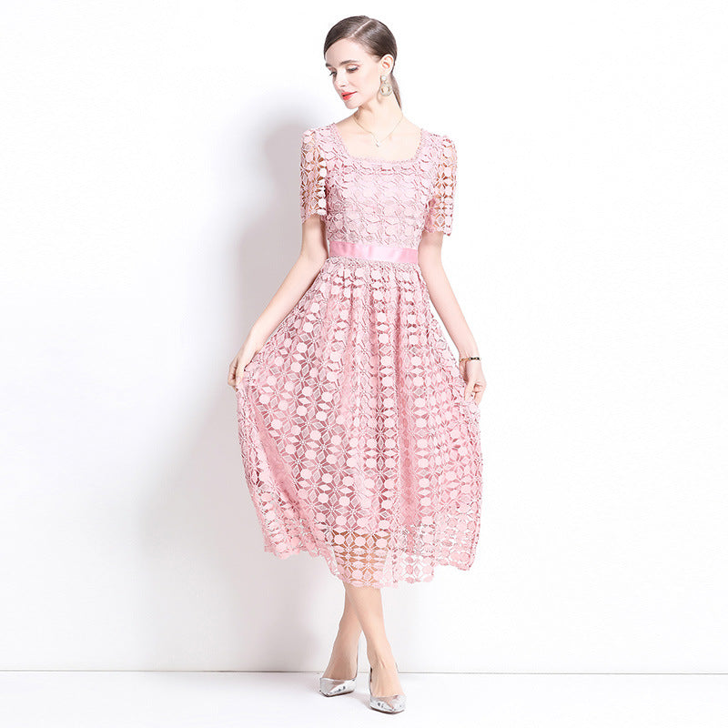women's clothing spring and summer  new square collar bubble sleeves sweet dress heavy industry lace thin umbrella swing length