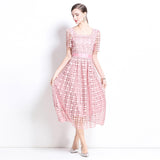 women's clothing spring and summer  new square collar bubble sleeves sweet dress heavy industry lace thin umbrella swing length