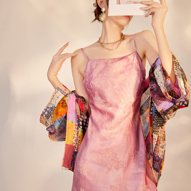 summer new Chinese style silk suspender dress female retro celebrity slim-fit hip-wrapped long dress M6055