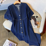 casual denim thin slim dress women's summer dress new fat mm fashion versatile meat cover medium and long dress