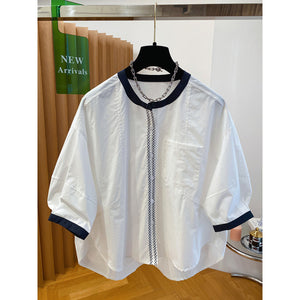 White Crew Neck Shirt Women's Short Sleeve  New Loose Commuter Cotton Five-Sleeve Medium Sleeve Doll Shirt Top Summer