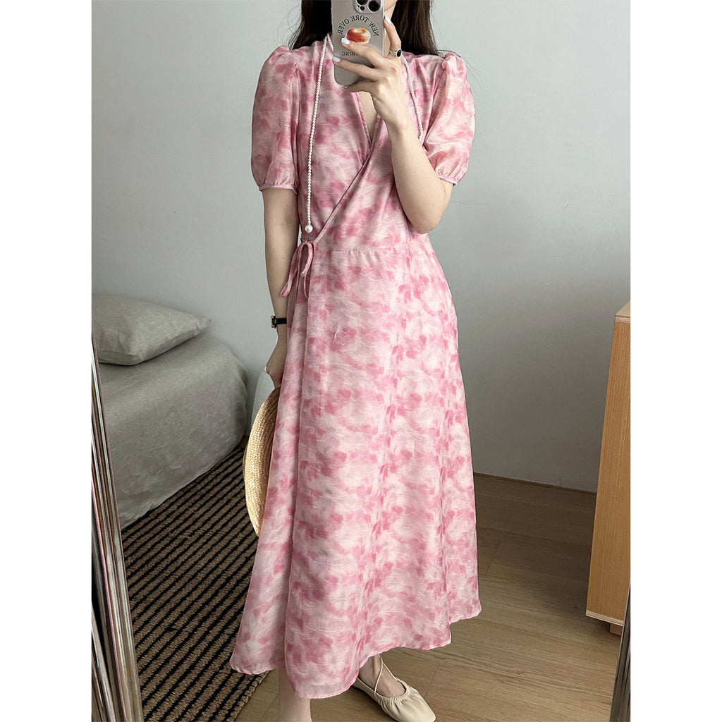 2025 popular spring V-neck floral dress women's waist one-piece dress women's spring medium and long duplex skirt 306