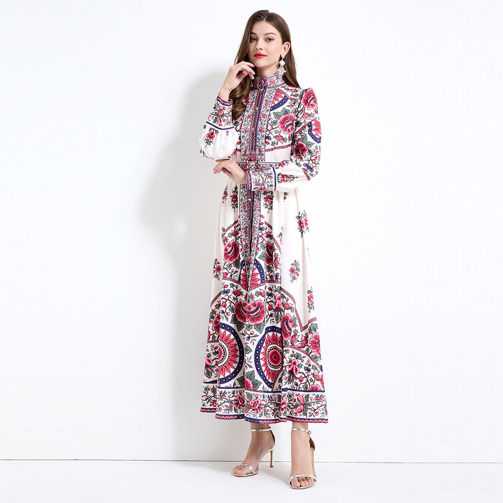 Popular trade women's clothing stand-up collar lantern sleeve retro positioning printing long sleeve waist ruffle edge dress
