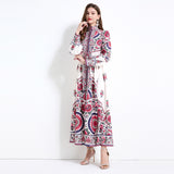 Popular trade women's clothing stand-up collar lantern sleeve retro positioning printing long sleeve waist ruffle edge dress