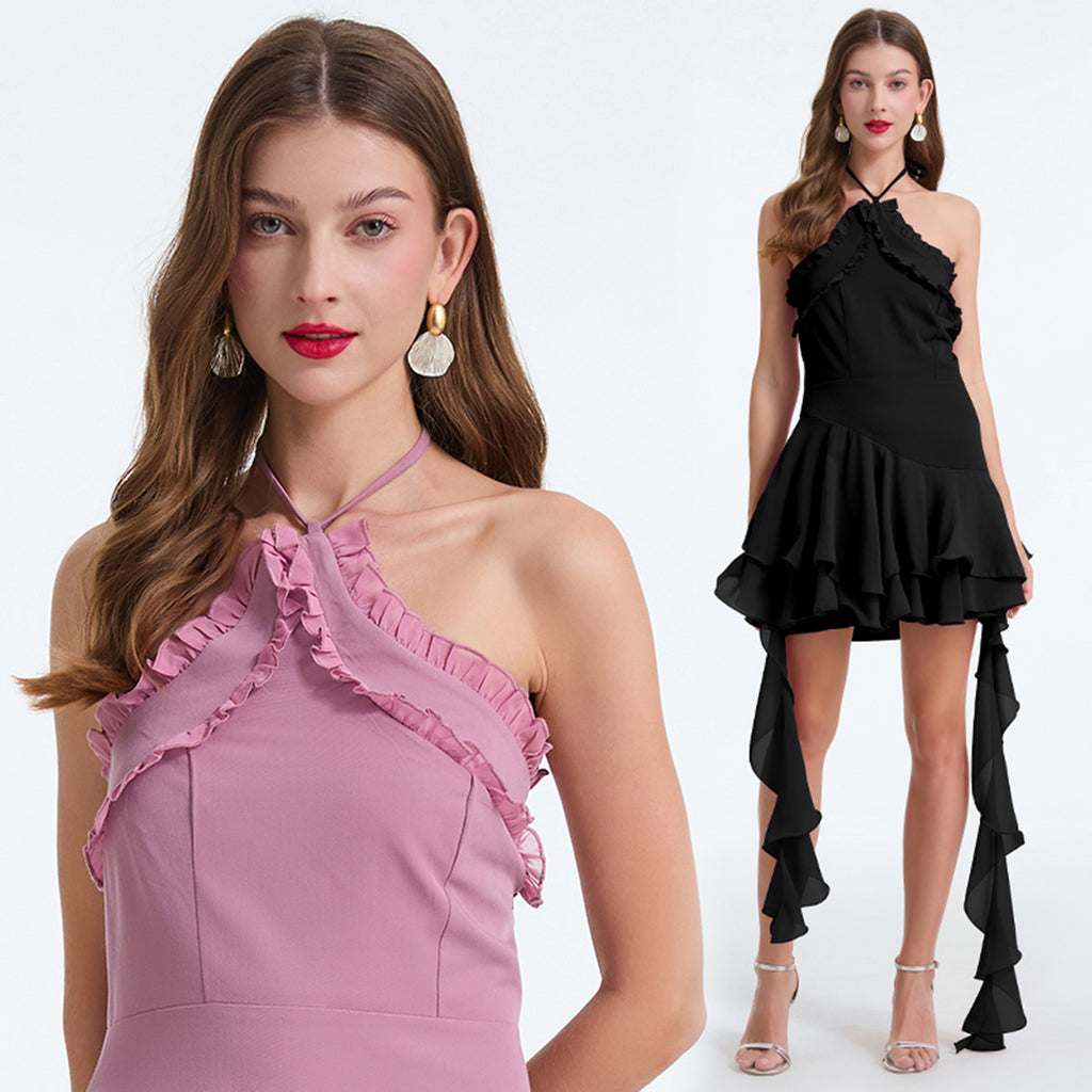 Purple Xiaoxiangfeng neck dress women's niche design sense sweet and gentle wind lace ruffle leaf edge vacation skirt