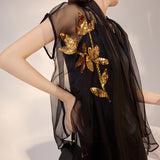 New Chinese style national style embroidery simple mesh mulberry silk sequined jacket slim temperament outer top M3084