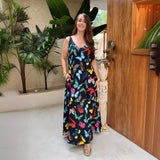 2025 New New European and American Retro Summer Printed Long Dress V-neck Multicolor Long Sexy Sleeveless Dress