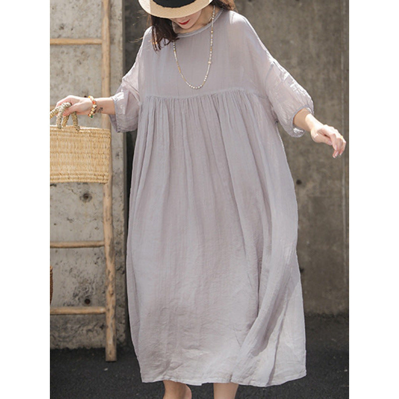 Five-quarter sleeve ramie dress gradual change design sense large size loose cotton and linen long dress loose  new summer