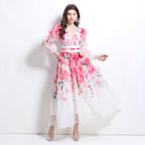 Spring and Summer Vacation New Flower Oil Painting Wind Lace Splicing V-Neck Long Dress