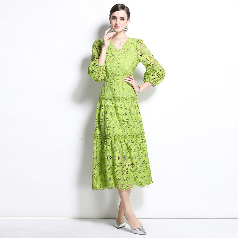 spring new women's dress new  retro hollowed crochet waist lantern sleeve big swing dress