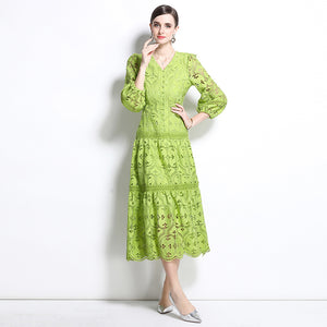 spring new women's dress new  retro hollowed crochet waist lantern sleeve big swing dress