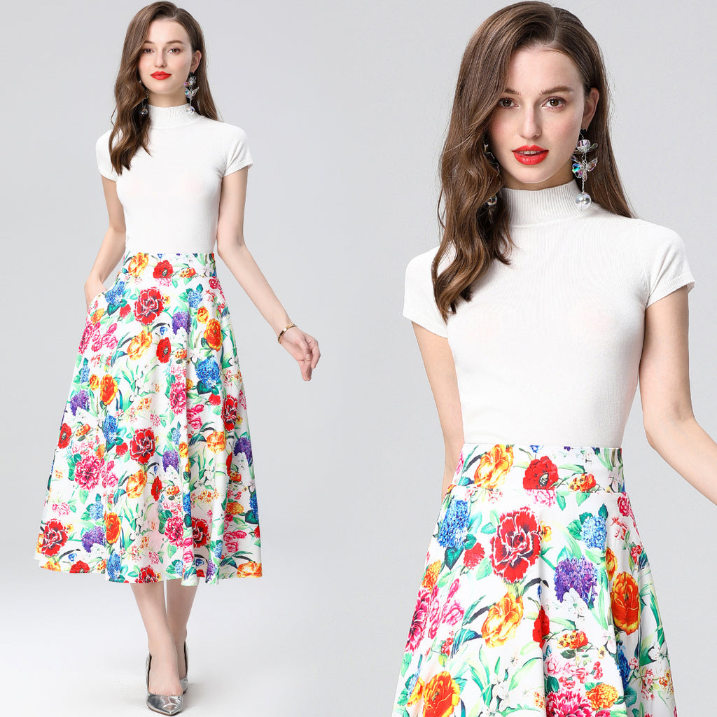 Temperament age-reducing suit women's  summer dress new round neck pullover knitted sweater printed skirt two-piece trendy