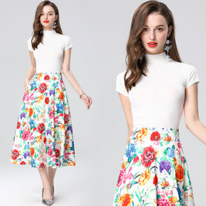 Temperament age-reducing suit women's  summer dress new round neck pullover knitted sweater printed skirt two-piece trendy