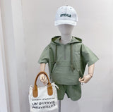 Free Shipping Boys Summer Suit New Short Sleeve Korean Style Children's Baby Comfortable Western Style Hooded Two-Piece Set