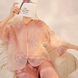 New Chinese light lotus root pink mulberry silk shirt summer thin high-end heavy industry embroidered loose top M6032