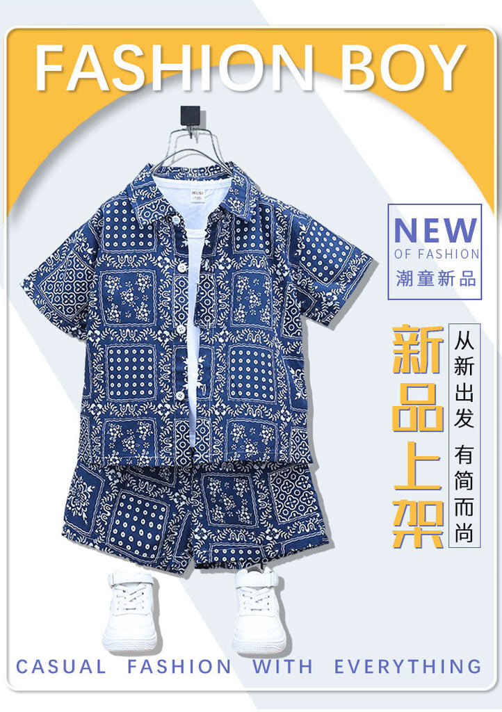 Boys' Summer Short Sleeve Suit  New Baby Net Red Casual Clothes Children's Vacation Style Shirt Three-Piece Set