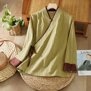 Chinese style top improved hanfu shirt women's  spring literary loose zen tea clothes cotton and linen top women