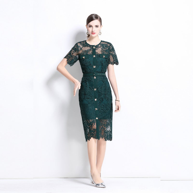 Celebrity Elegant Heavy Industry Hollow Hook Water Soluble Lace Slim Skinny Round Neck Short Sleeve Metal Button Dress Women