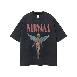 GOOSUDU Nirvana Band Rock Nirvana Cobain Cococoben Worn Looking Washed-out Vintage Batik Loose T-shirt