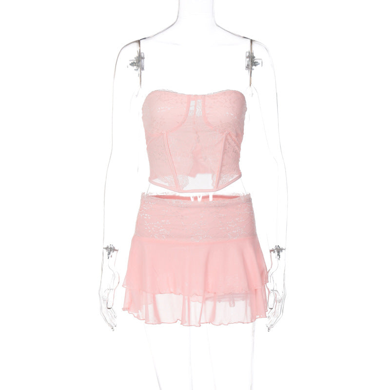 GOOSUDU 2025 explosive new women's clothing sexy collage lace perspective chest wrap ultra-short double-layer pure desire short skirt suit women
