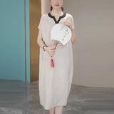 High-end large-size cotton and linen dress for women's summer  new mother temperament fashionable and thin casual long skirt