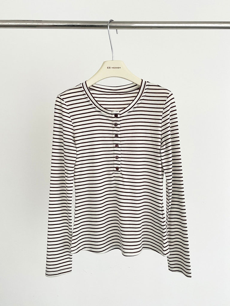2025 ES MODISH spring new product casual and thin horizontal striped long-sleeved T-shirt button design outer wear pullover knitted sweater