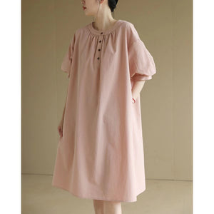 Literary retro crew neck short-sleeved dress  summer new loose large size small medium and long women's dress