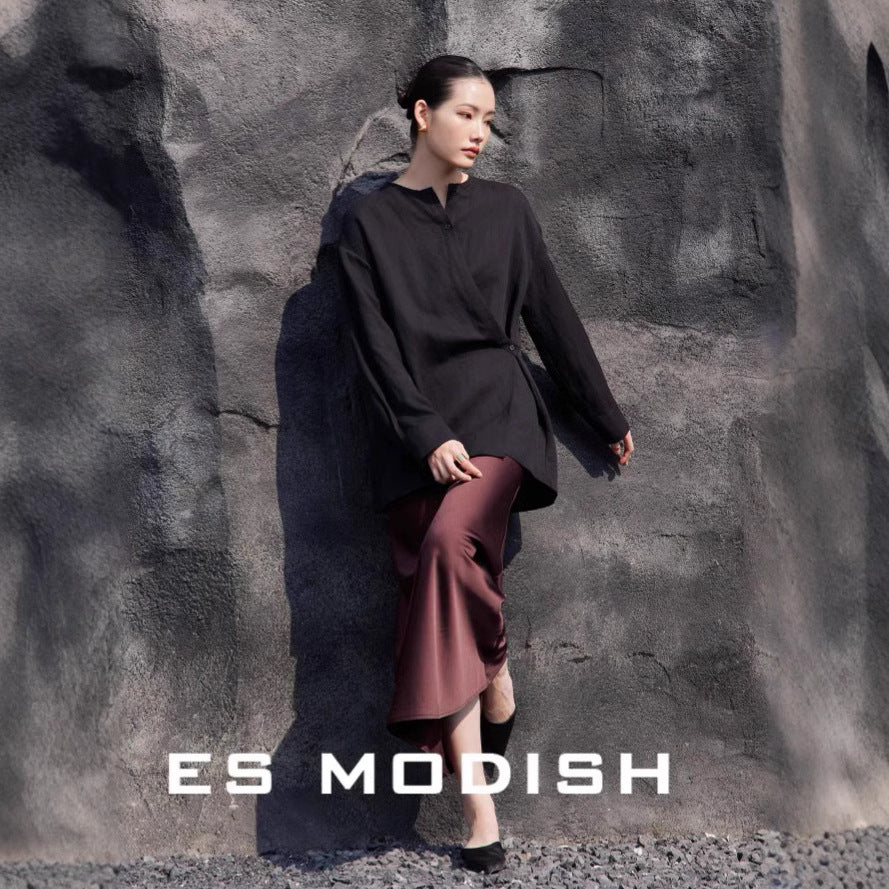 2025 ES MODISH spring new product niche design sense round neck side buckle solid color loose Tencel casual shirt girls