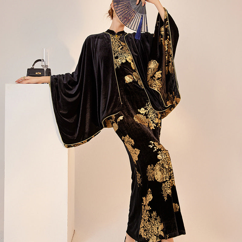 New Chinese style luxurious high-end embroidery printing design jacket cape dress set female M9005