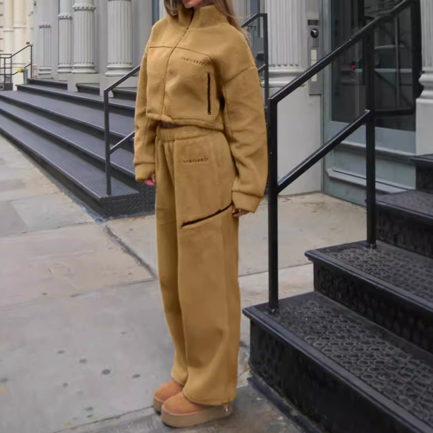 GOOSUDU New autumn and winter women's casual sweater set, 2025 plush zipper top and trousers two-piece set