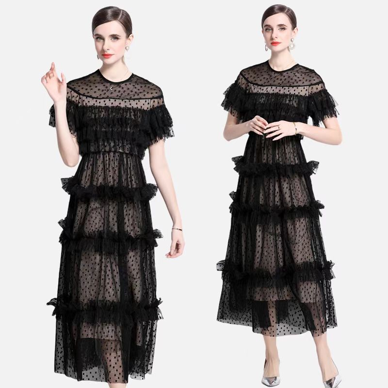 celebrity style high-end polka dot dress women's summer mesh fungus edge design light luxury temperament long skirt