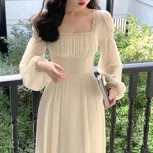 2025 Coffee break  square collar court style dress women's spring new Platycodon fairy long dress waist temperament skirt