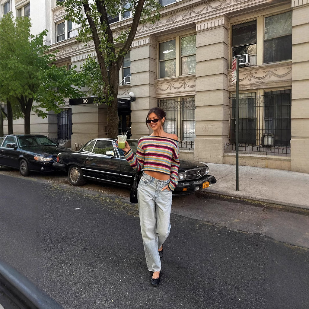 Rainbow stripes contrasting color design sweet knitted off-the-shoulder women's  autumn and winter new autumn atmosphere sweater women