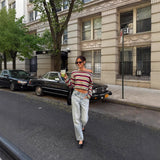 Rainbow stripes contrasting color design sweet knitted off-the-shoulder women's  autumn and winter new autumn atmosphere sweater women