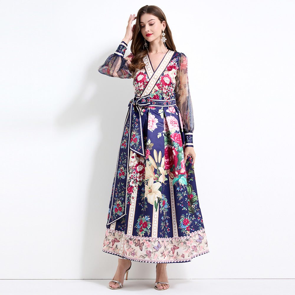 court style temperament retro V-neck mesh lantern sleeve strap waist design big pendulum printed dress