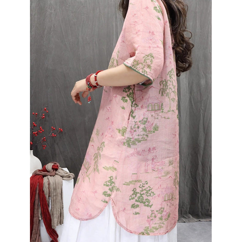 summer new literary printing light and loose large size personality Popular style casual versatile medium and long shirt women