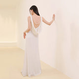 2025 White sleeveless backless beaded floor-mopping dress with graceful temperament Muse elegant white sleeveless dress bride