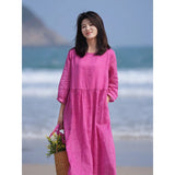 summer new literary and retro rose red loose large size lace-up and thin travel pendulum dress women