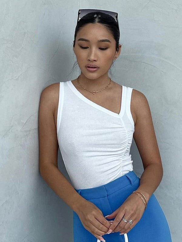 GOOSUDU 2025 AB354  women's clothing summer ins new solid color asymmetrical ribbed pleated sleeve vest top T-shirt women