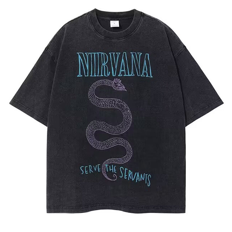 GOOSUDU Nirvana Band Rock Nirvana Cobain Cococoben Worn Looking Washed-out Vintage Batik Loose T-shirt